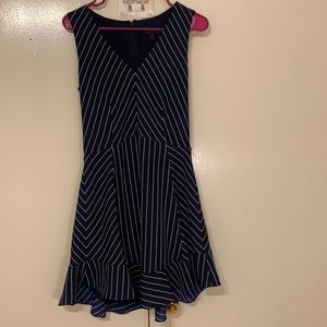 J Crew Sleeveless Flounced Dress in Navy Pinstripe